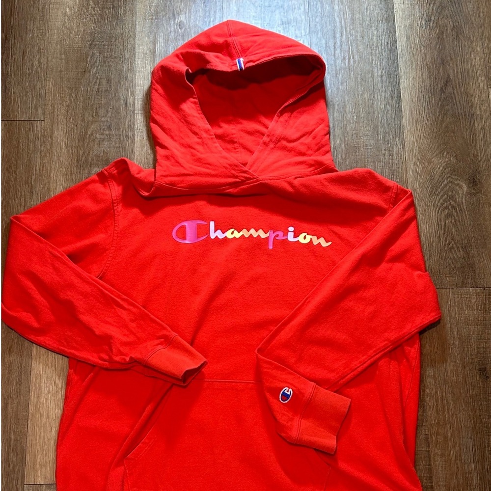 Champion Womens Red Rainbow Logo Hooded Long Sleeve Tee Shirt Hoodie Large L